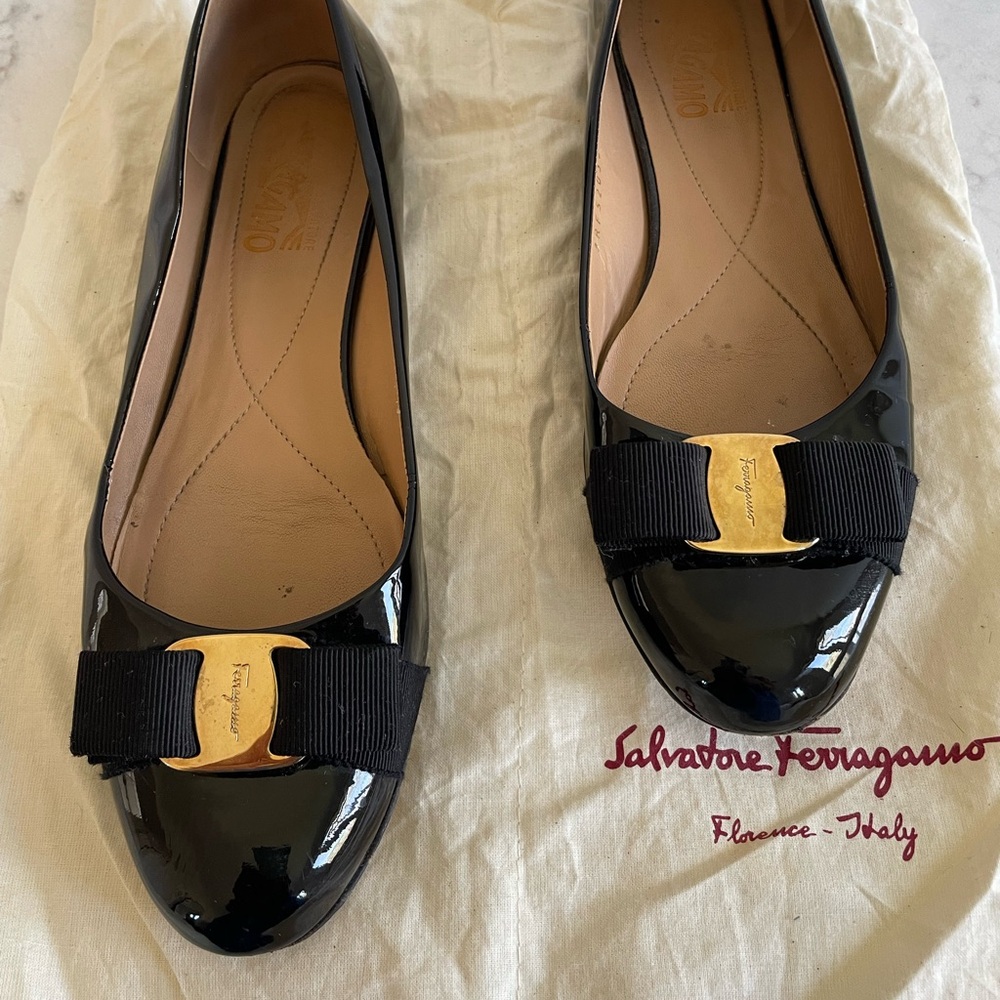 Salvatore Ferragamo Black Flats with Gold Accent